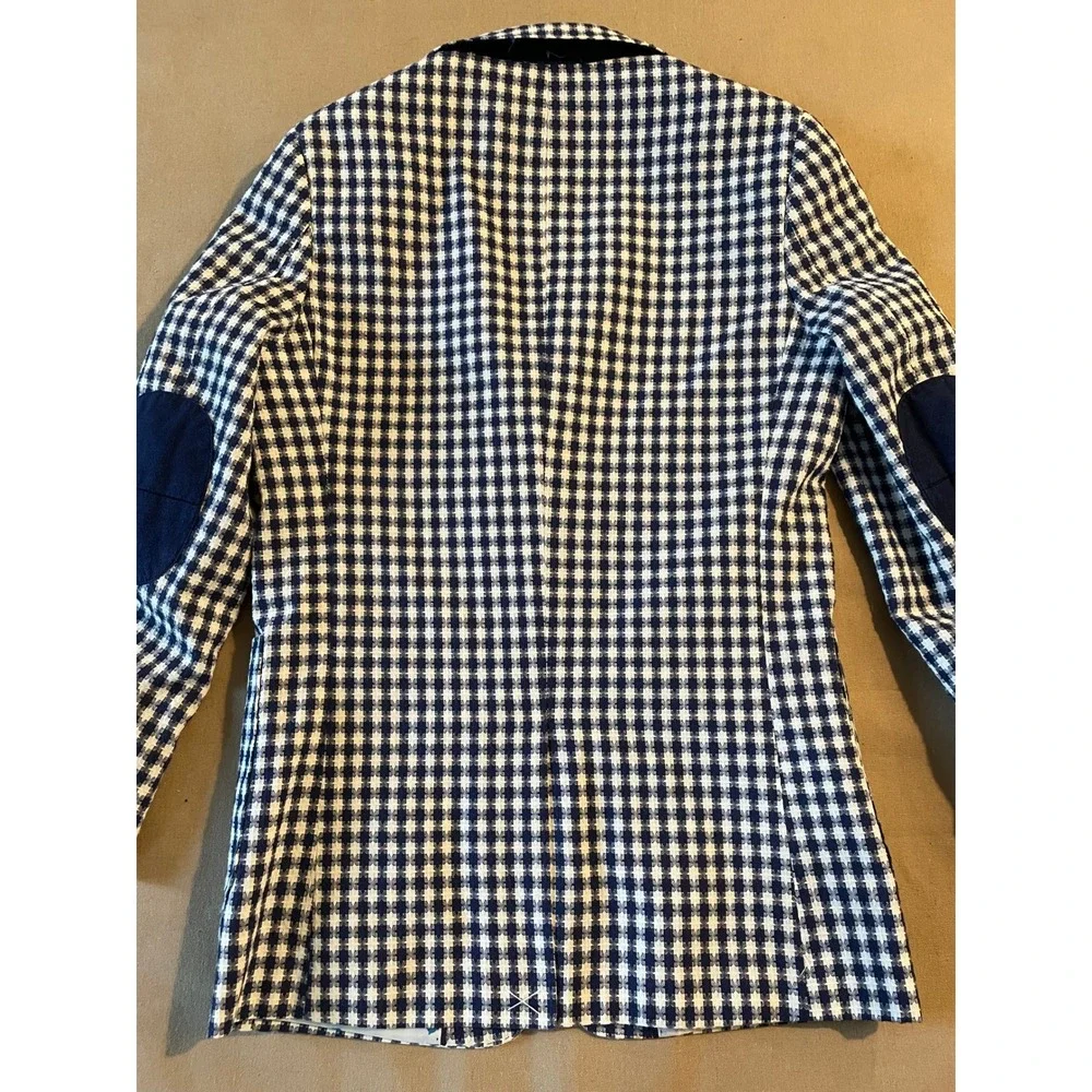 James Morgan Boys Gingham Blazer Size 16 Blue White Patch Pockets Elbow Patches